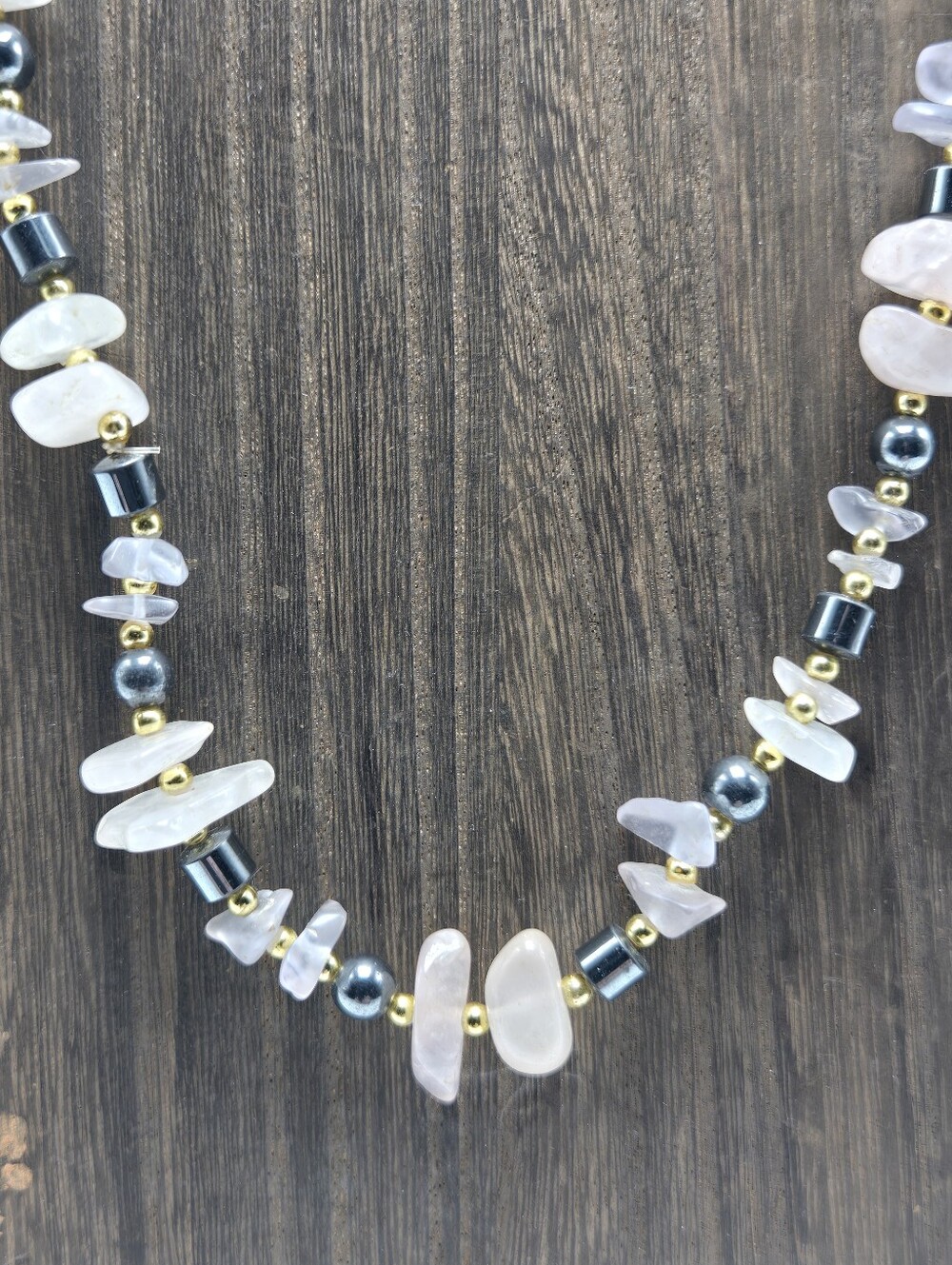 90's Rose Quartz Hematite Necklace Gold Tone Single Strand Statement Fashion VTG